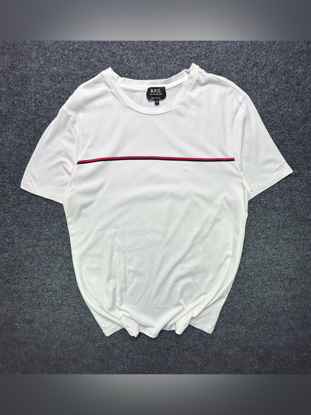 A.P.C. White Crewneck Tee with Red & Navy Chest Stripe